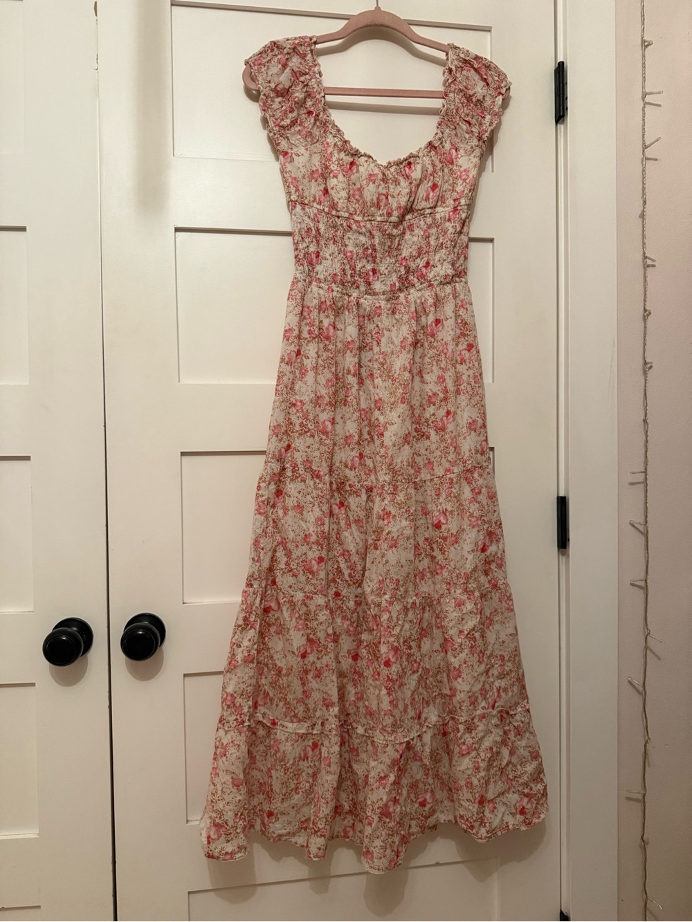 Smocked Floral Maxi Dress in Cream and Pink - Picture 7 of 9